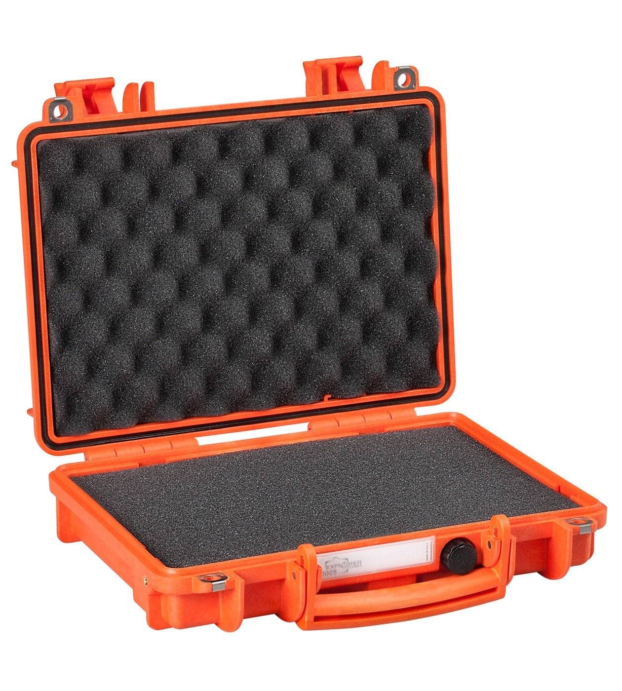 The Explorer 3005 is an open orange corrosion-proof case with textured foam padding, designed to protect delicate equipment during transport and provide watertight protection.