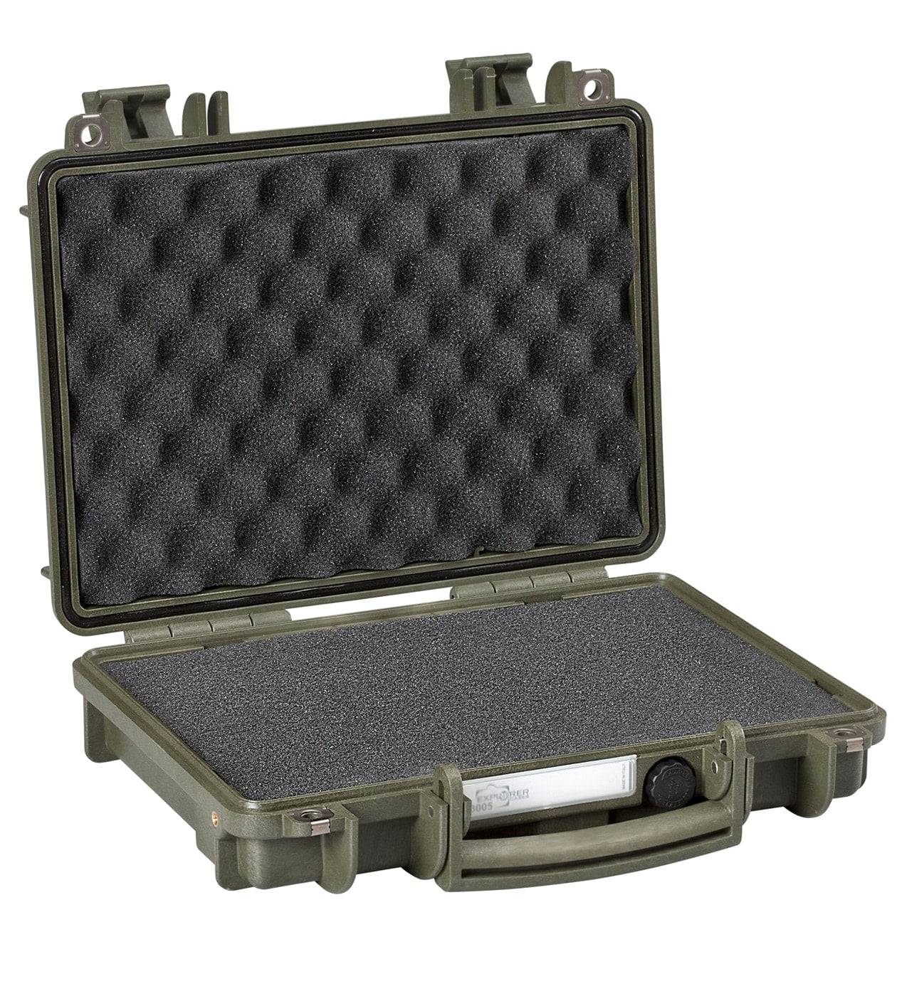 The Explorer 3005 is a green hard-shell protective case with an open lid, foam padding inside, a front carrying handle, and watertight protection for secure storage.