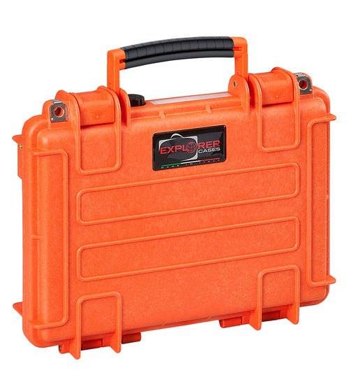 The Explorer 3005 is a bright orange hard-shell carrying case with a black handle, reinforced corners, secure latches, and provides watertight protection for your gear.