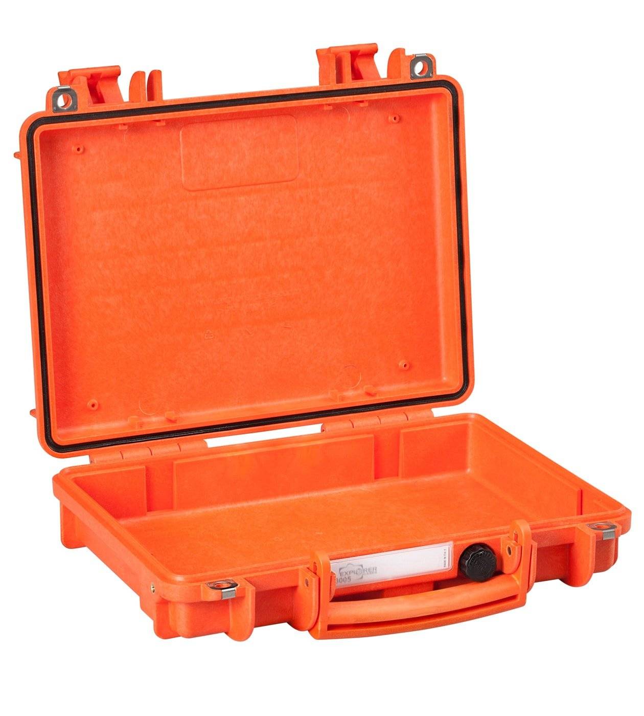 The Explorer 3005 is an open, empty orange hard-shell protective case with a handle, latches, and a manual pressure release valve that provides watertight protection for your gear.