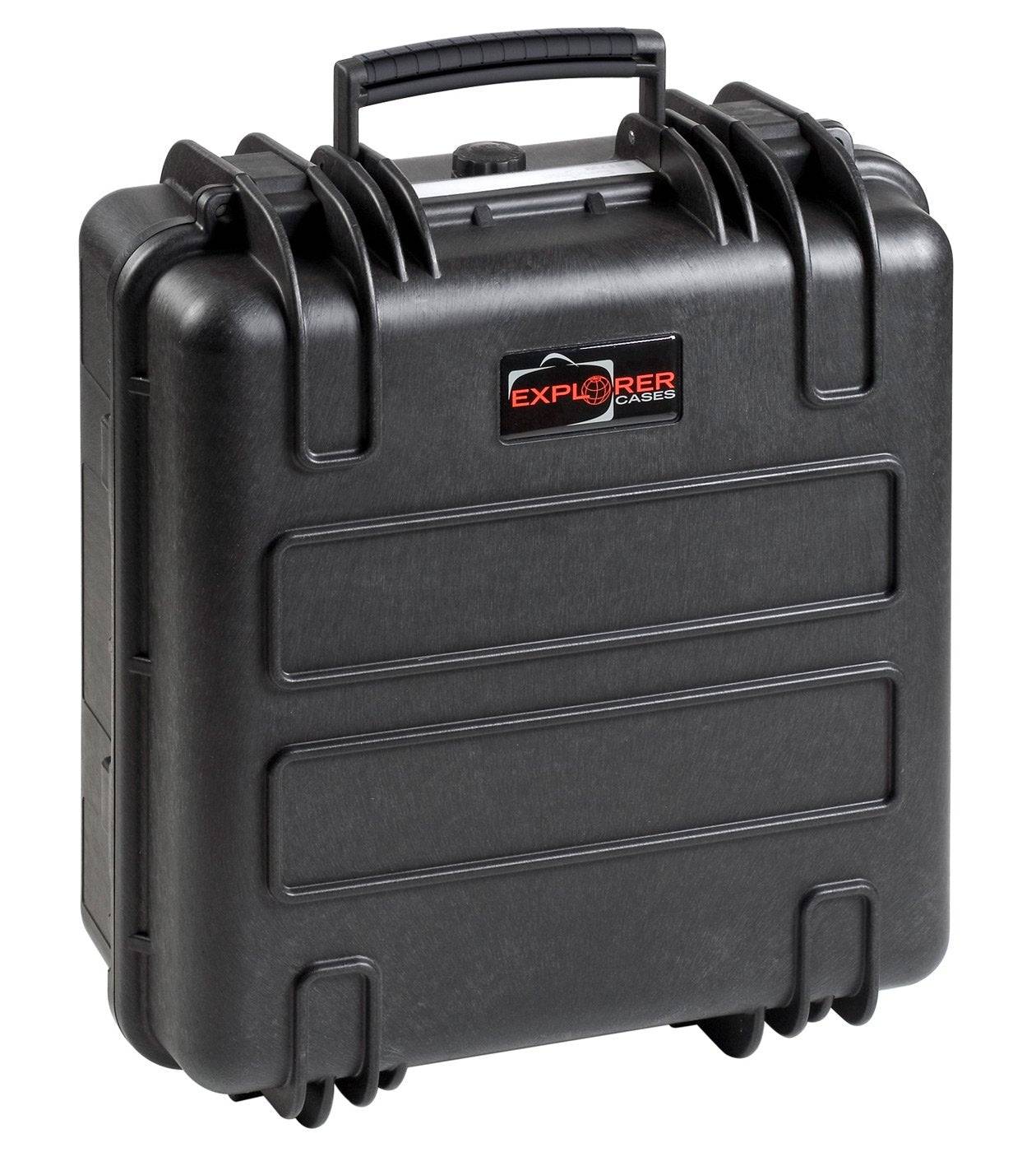 A large, black hard plastic waterproof case, the Explorer 3317W features a top handle, pressure release valve, and a front label that reads "Explorer Cases.