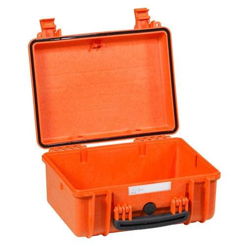 The open Explorer 3818 case is shown in orange hard plastic with a black handle and secure latches. Its waterproof, dustproof design keeps your belongings safe in any conditions. The interior is empty, ready for storage.