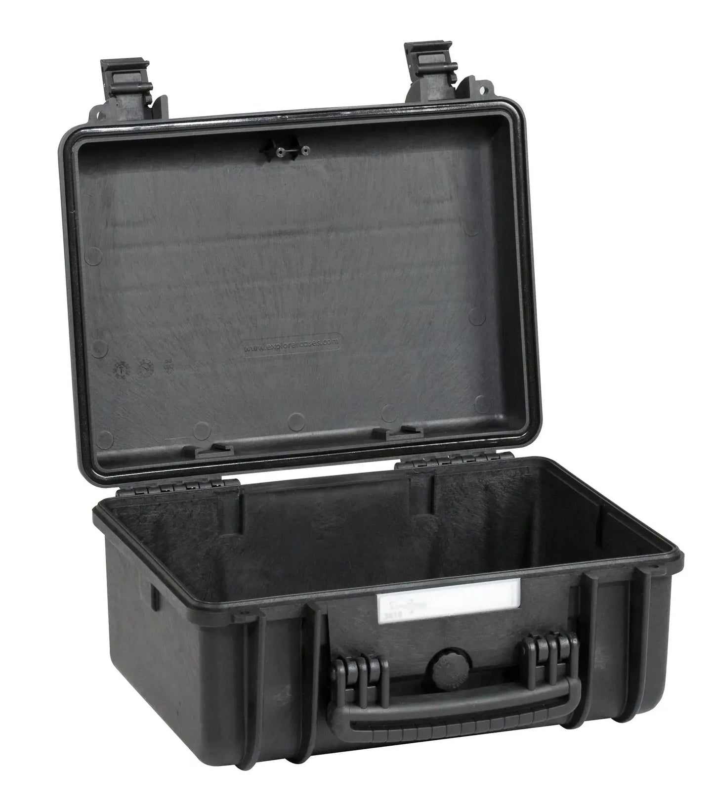 The Explorer 3818 is a black hard plastic waterproof case with an open hinged lid, secure latches, and an empty foam interior.