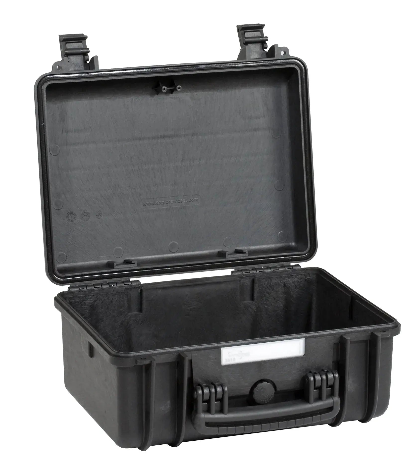 The Explorer 3818 is a black hard plastic waterproof case with an open hinged lid, secure latches, and an empty foam interior.