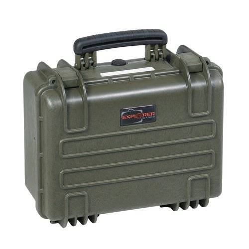 A green Explorer 3818 hard-shell waterproof case with a black handle, secure latches, and foam interior, labeled Explorer Cases on the front.