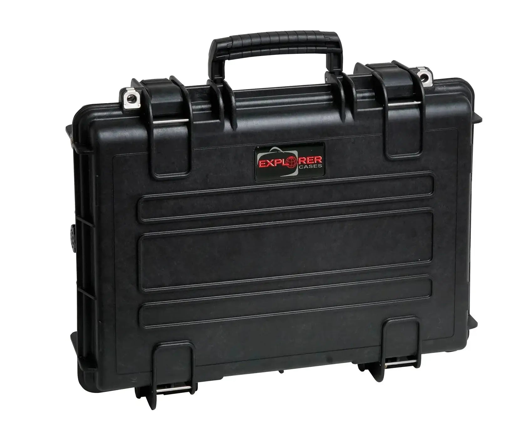 The Explorer 4209HL is a black hard plastic waterproof case with a handle, latches, corrosion-proof hinges, and a manual pressure release valve. "Explorer Cases" is labeled on the front.