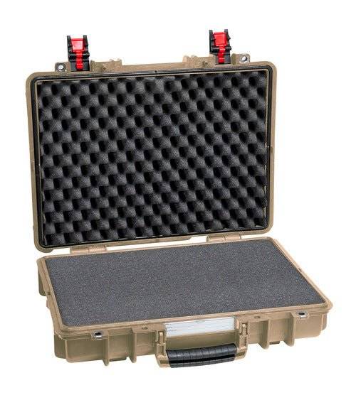 The Explorer 4209HL, a hard plastic waterproof case with corrosion-proof hinges, is open to reveal black egg crate foam in the lid and flat foam in the base for secure protection.