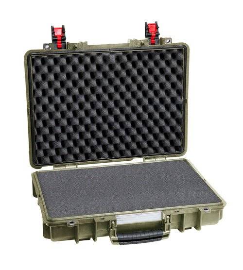 The Explorer 4209HL is an open waterproof case with foam padding, corrosion-proof hinges, a handle, and two red latch locks on the top edge.