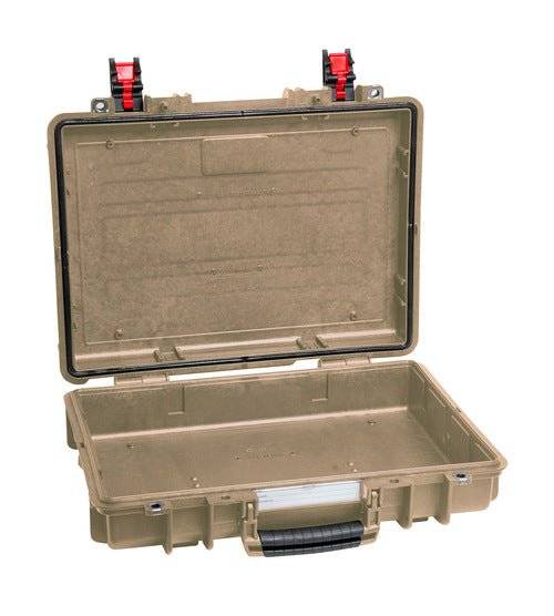 The Explorer 4209HL is an open, empty hard plastic waterproof case featuring a tan exterior, black handle, corrosion-proof hinges, and two red latches on the lid.