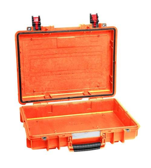 Front view of the open, empty Explorer 4209HL: an orange hard plastic waterproof case featuring a black handle, red safety latches, corrosion-proof hinges, and a manual pressure release valve.