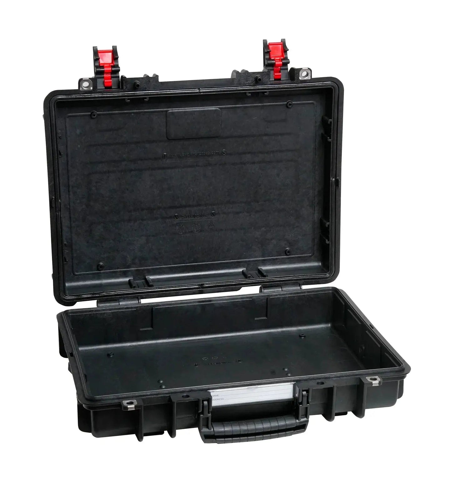 The Explorer 4209HL is a black hard-shell waterproof case featuring an open lid, two red latches, corrosion-proof hinges, and an empty foam-lined interior.