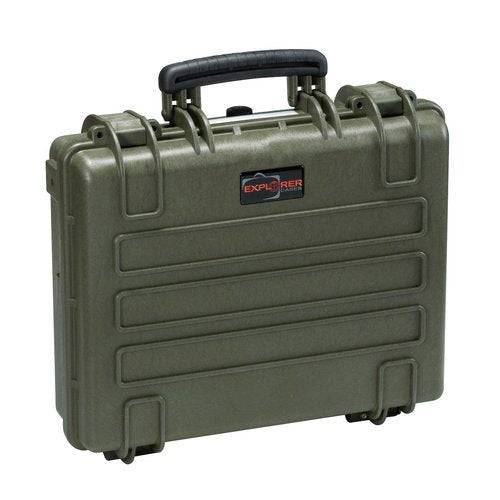 The Explorer 4412 is a hard plastic olive green waterproof case with a black handle, rectangular shape, reinforced corners, and jam-free latches for secure closure.