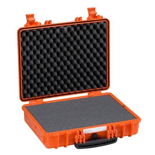 The Explorer 4412 is an open orange waterproof case with foam padding, designed to protect equipment during transport and featuring jam-free latches for secure closure.