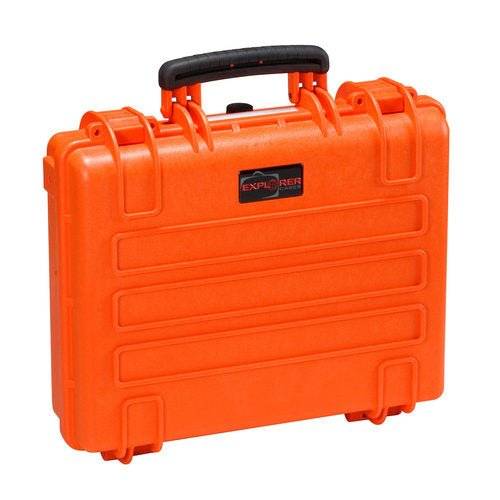 The Explorer 4412 is a bright orange hard plastic waterproof carrying case with a black handle, jam-free latches, and a front Explorer label. It includes a pressure release valve for added protection.