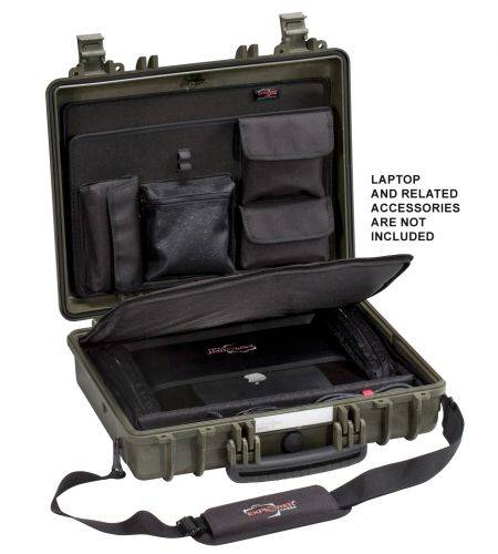 The Explorer 4412 Laptop Bag is an open waterproof case with custom foam interior, multiple black pouches, and compartments. Note: Laptop and accessories are not included.