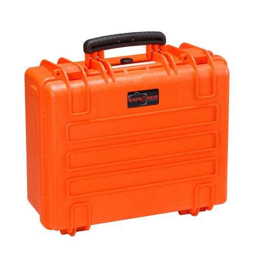 The Explorer 4419 is a hard-shell, bright orange waterproof case with a black handle, corrosion-proof hinges, and a visible Explorer label on the front.