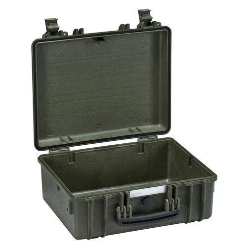 The Explorer 4419 is an empty, gray-green hard plastic waterproof case with corrosion-proof hinges, a hinged lid, two top latches, a front handle, and is ready for a custom foam interior.