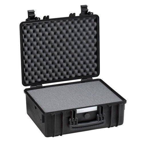 The Explorer 4419 is a black hard-shell waterproof case, shown open with foam padding and corrosion-proof hinges, designed for the safe storage and transport of items.