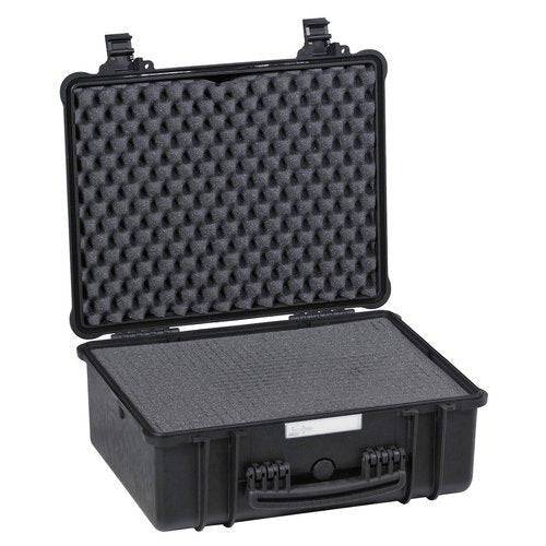 The Explorer 4820 is a black hard-shell waterproof case featuring an open lid with foam padding, secure exterior clasps, and a manual pressure release valve for enhanced protection.