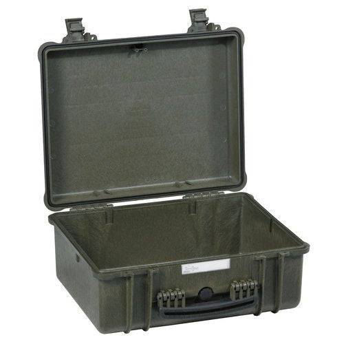 The Explorer 4820 is a hard plastic waterproof case featuring a hinged lid (shown open with an empty interior), a manual pressure release valve, and a front handle.