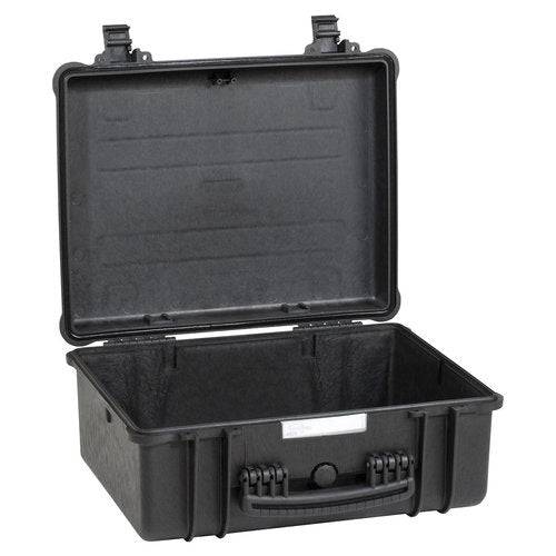 The Explorer 4820 is a black waterproof hard-shell case featuring an open hinged lid, two latches, a manual pressure release valve, a front handle, and an empty interior for secure, corrosion-proof protection of your valuables.