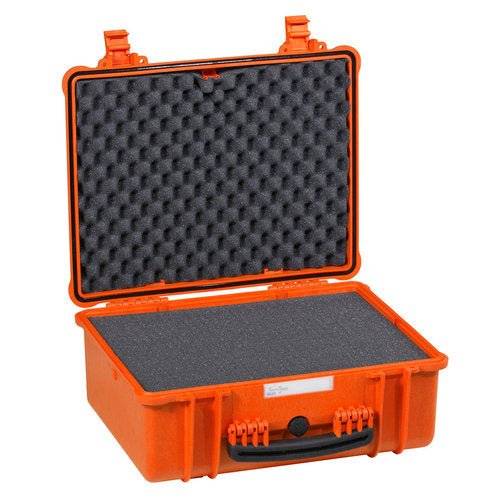 The Explorer 4820 is an open orange hard plastic waterproof case with foam padding and a manual pressure release valve, displayed on a white background.