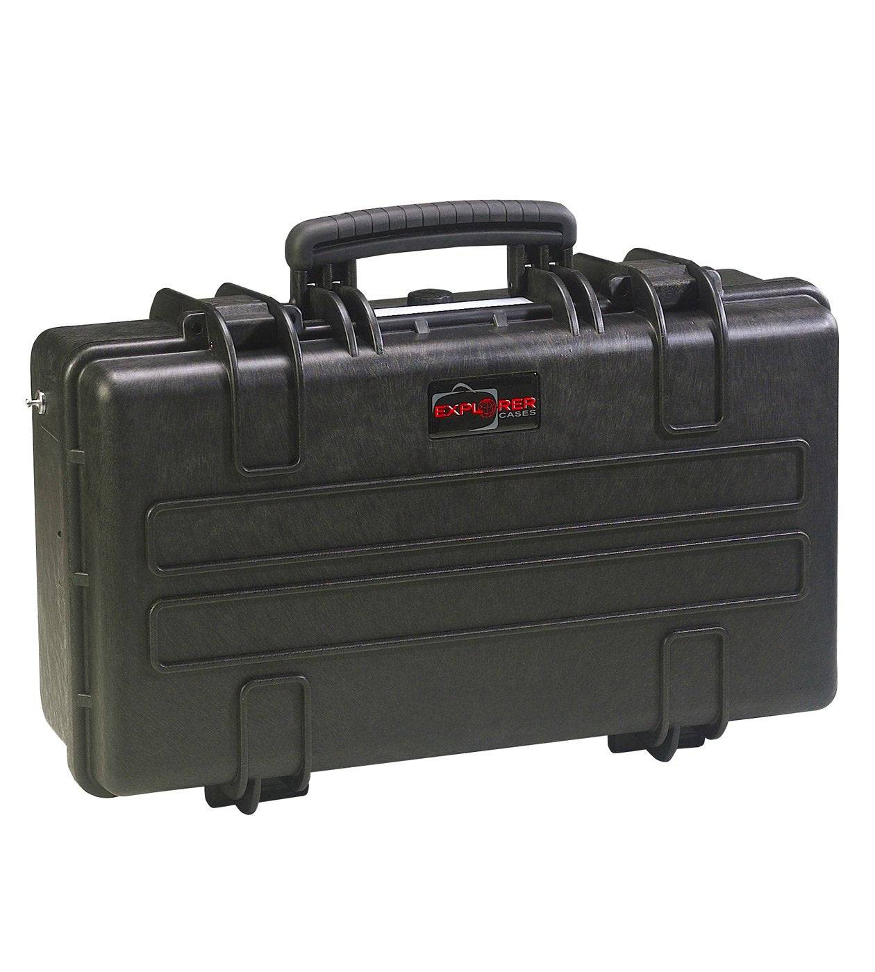 The Explorer 5117 is a black hard-shell waterproof case with a handle, secure latches, red Explorer logo on the front, and foam interior for protecting valuables.