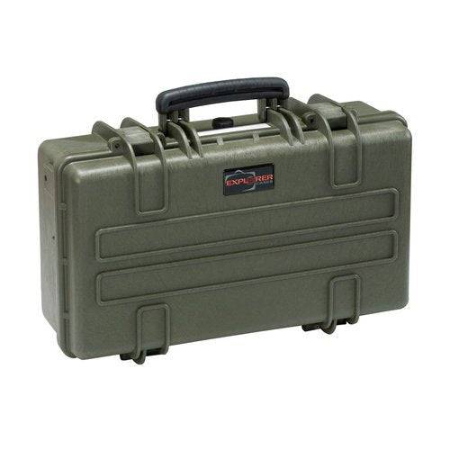 The Explorer 5117 is an olive-green waterproof hard case with a black handle, secure latches, and a pressure release valve. The Explorer Cases logo appears on the front.