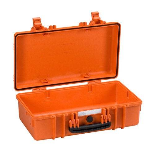 The Explorer 5117 is an open, empty orange hard plastic protective case featuring a hinged lid, two latches, a black handle, and a pressure release valve.