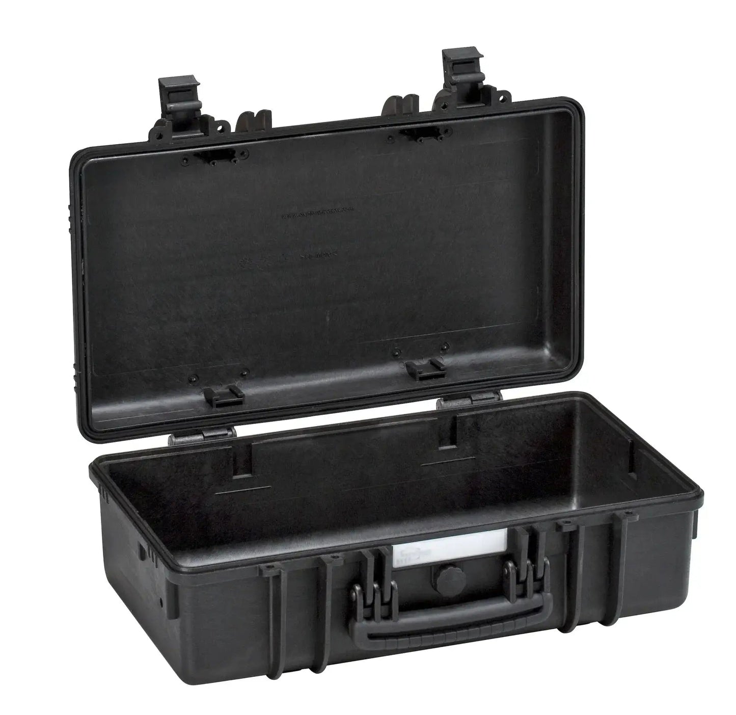The Explorer 5117 is a black hard plastic waterproof case with an open hinged lid, side latches, a sturdy carrying handle, and a pressure release valve, shown empty on a white background.