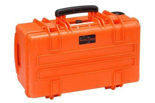 The Explorer 5122 is an orange hard plastic carrying case with a black handle, secure latches, and a pressure release valve.