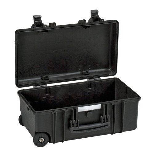 The Explorer 5122 is a black hard plastic waterproof case with a handle and two latches, shown open and empty. It features a pressure release valve for added protection.