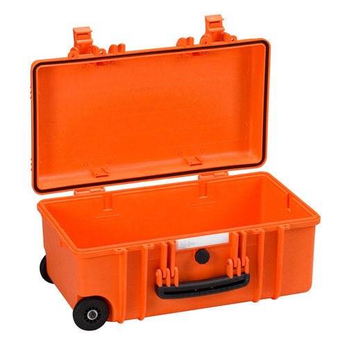The Explorer 5122 is an open, empty orange hard plastic waterproof case with wheels and a handle, displayed against a white background.