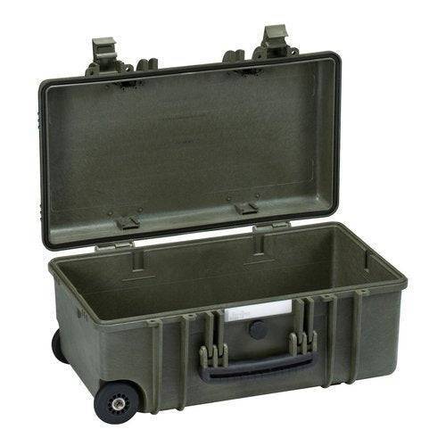 The Explorer 5122 is a hard, olive green waterproof case with wheels, handle, two top latches, and a pressure release valve, shown open with the lid raised.