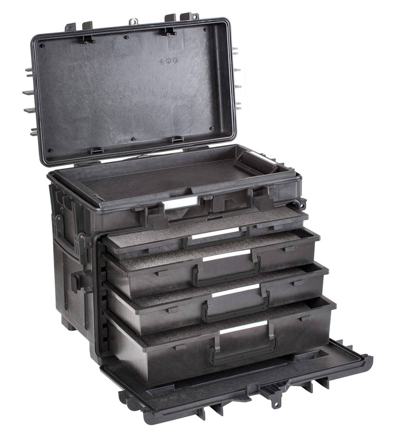 The Explorer 5140 is a black polypropylene case with the lid open, revealing four pull-out drawers inside. This sturdy case is ideal for organizing and protecting your equipment.