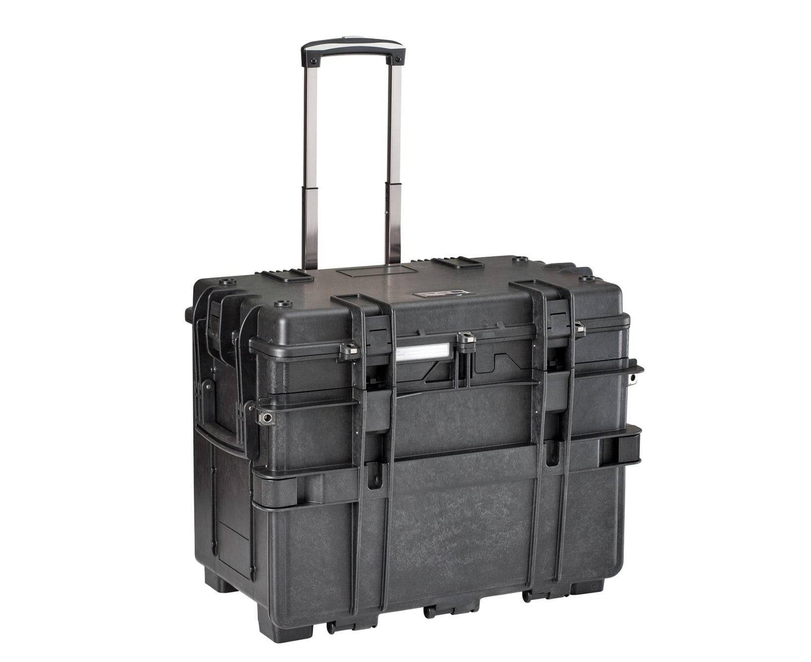 The Explorer 5140 is a black polypropylene hard-shell case with a telescopic handle, reinforced edges, and secure latches—ideal as a rolling tool case for safe equipment transport and protection.