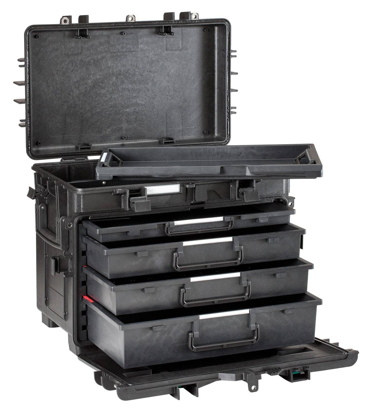 The Explorer 5140 is a black polypropylene tool case with a hard shell, open lid, four pull-out drawers, and a removable tray for organized storage.