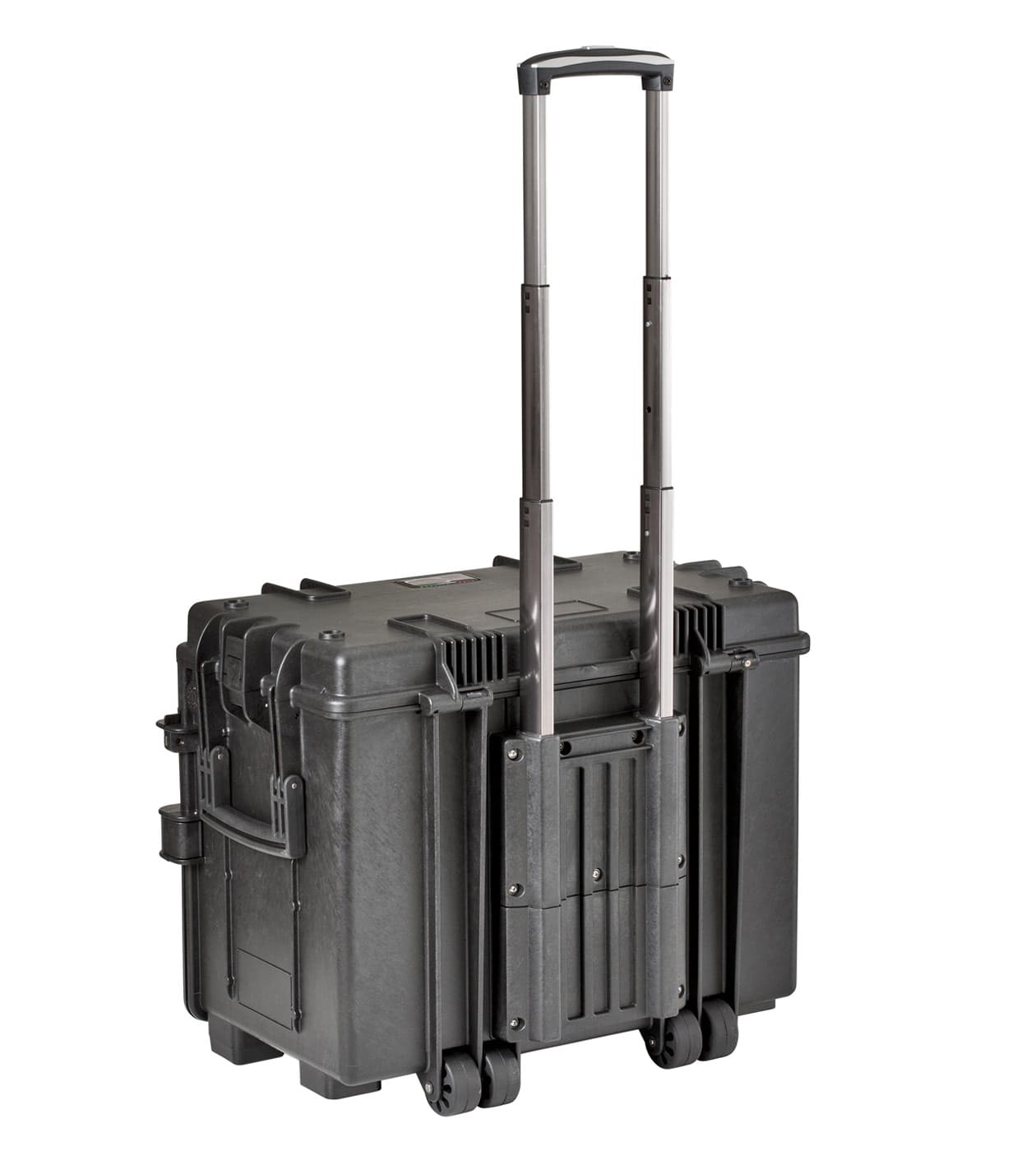 The Explorer 5140 is a hard-shell black polypropylene case with an extended telescopic handle and two wheels, designed for secure and easy transport of equipment.