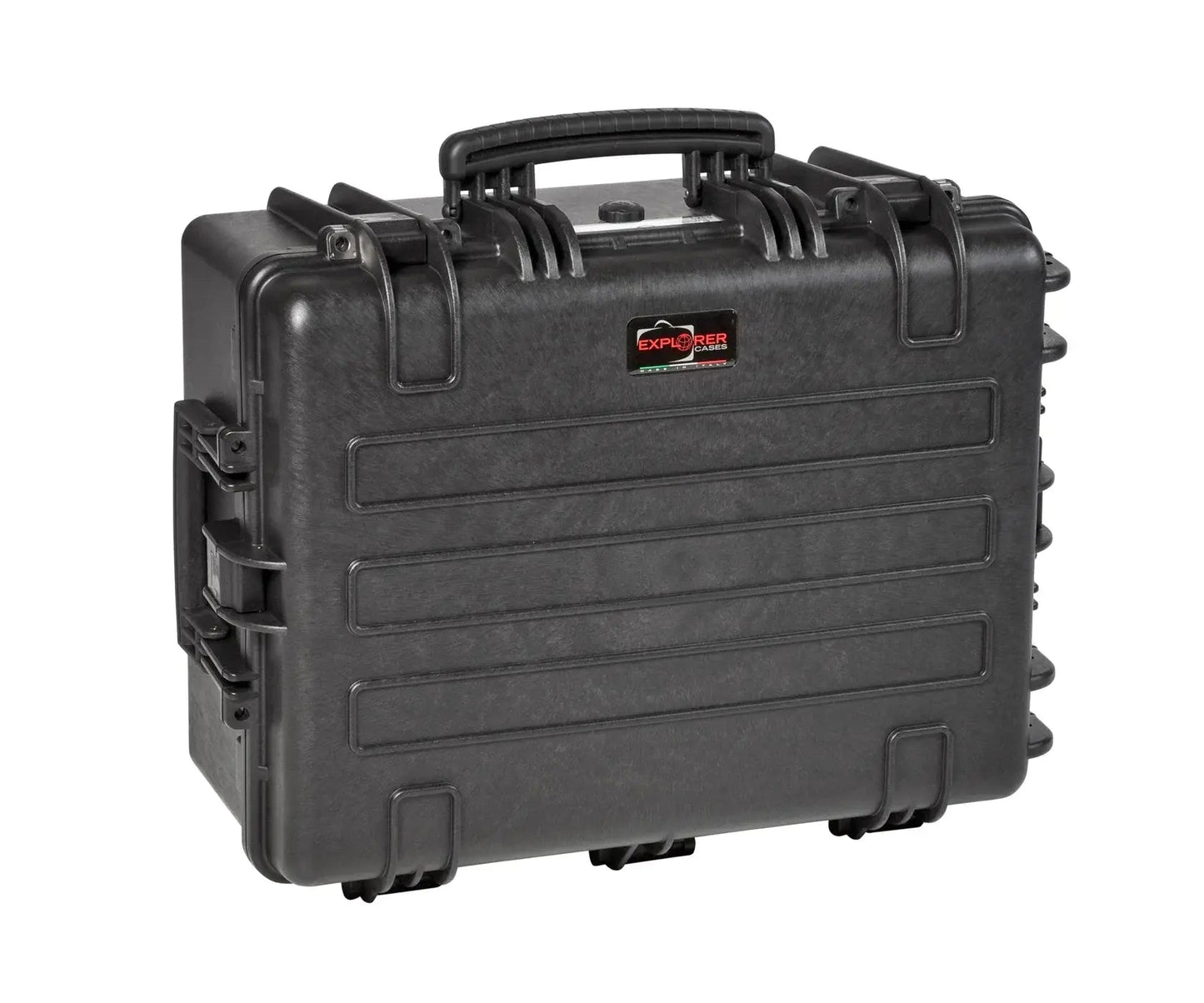 The Explorer 5325 is a black hard-shell waterproof case featuring corrosion-proof hinges, a handle, side latches, and the Explorer logo on the front.