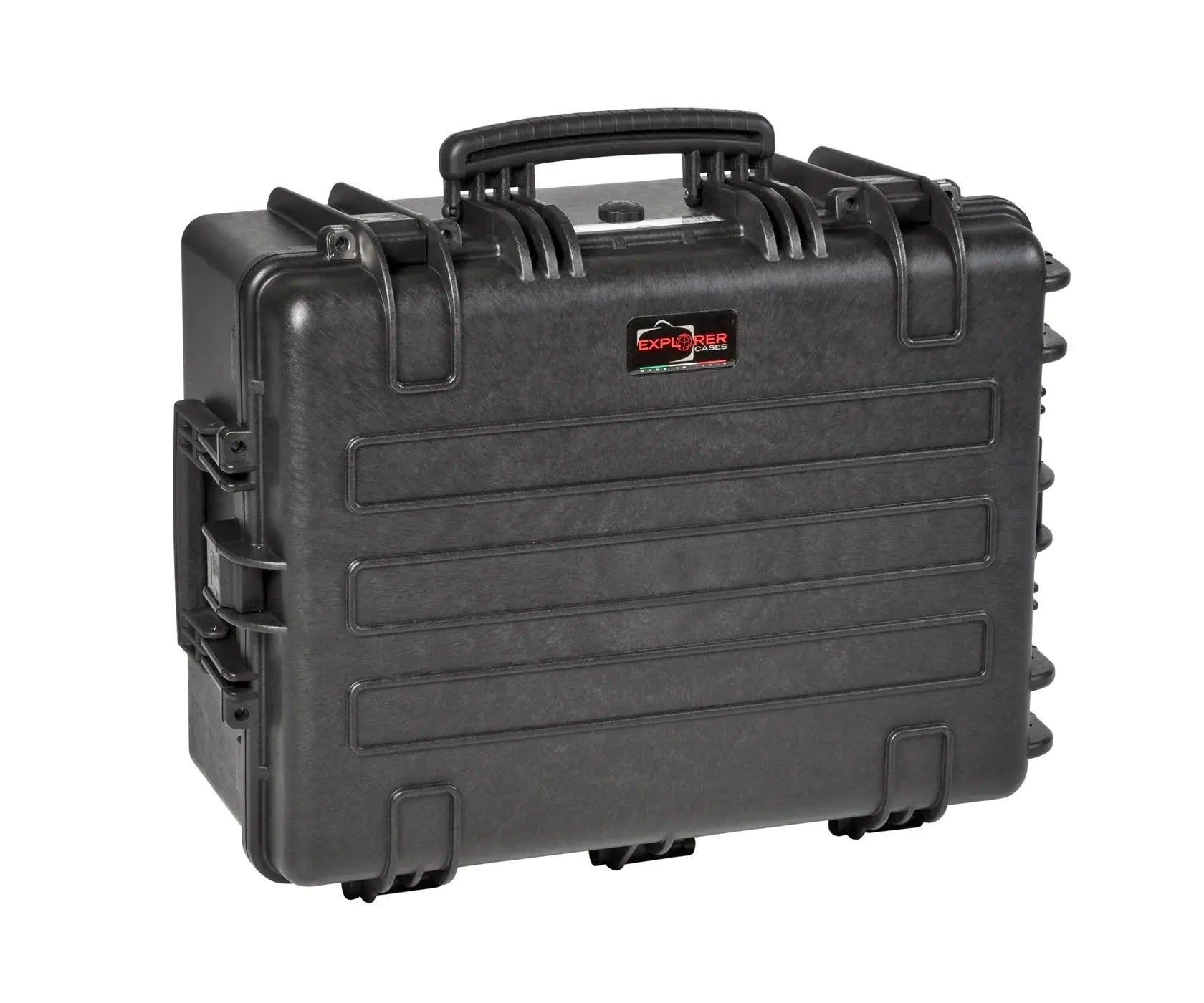 The Explorer 5325 is a black hard-shell waterproof case featuring corrosion-proof hinges, a handle, side latches, and the Explorer logo on the front.