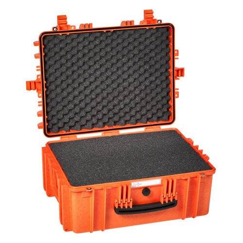 The Explorer 5325 is an open orange waterproof case with foam padding, a black handle, edge latches, and corrosion-proof hinges for durability.