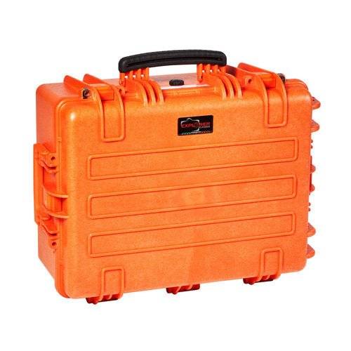 The Explorer 5325 is an orange waterproof hard-shell case with a black handle, corrosion-proof hinges, and secure latches, shown closed against a white background.