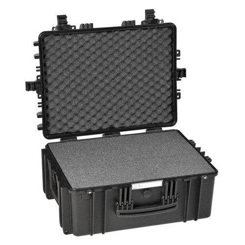 The Explorer 5325 is a black waterproof case with corrosion-proof hinges and foam padding inside, shown open with the lid raised.