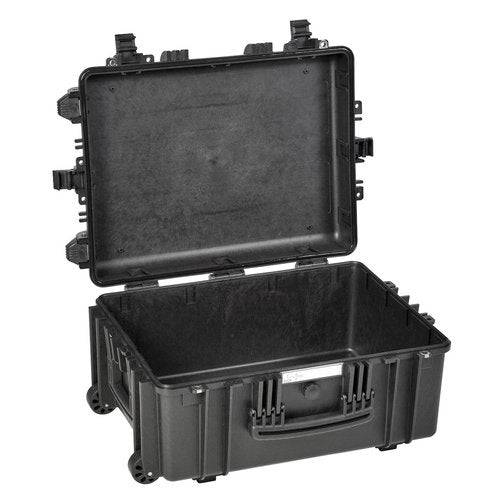The Explorer 5326 is a black hard plastic waterproof case with corrosion-proof hinges, a hinged lid, sturdy latches, wheels, and a handle for easy transport. Shown open to display the empty interior.