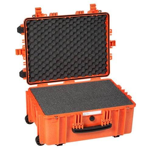 The Explorer 5326 is an orange waterproof case with corrosion-proof hinges and black custom foam interior padding, shown open with visible latches and handle.