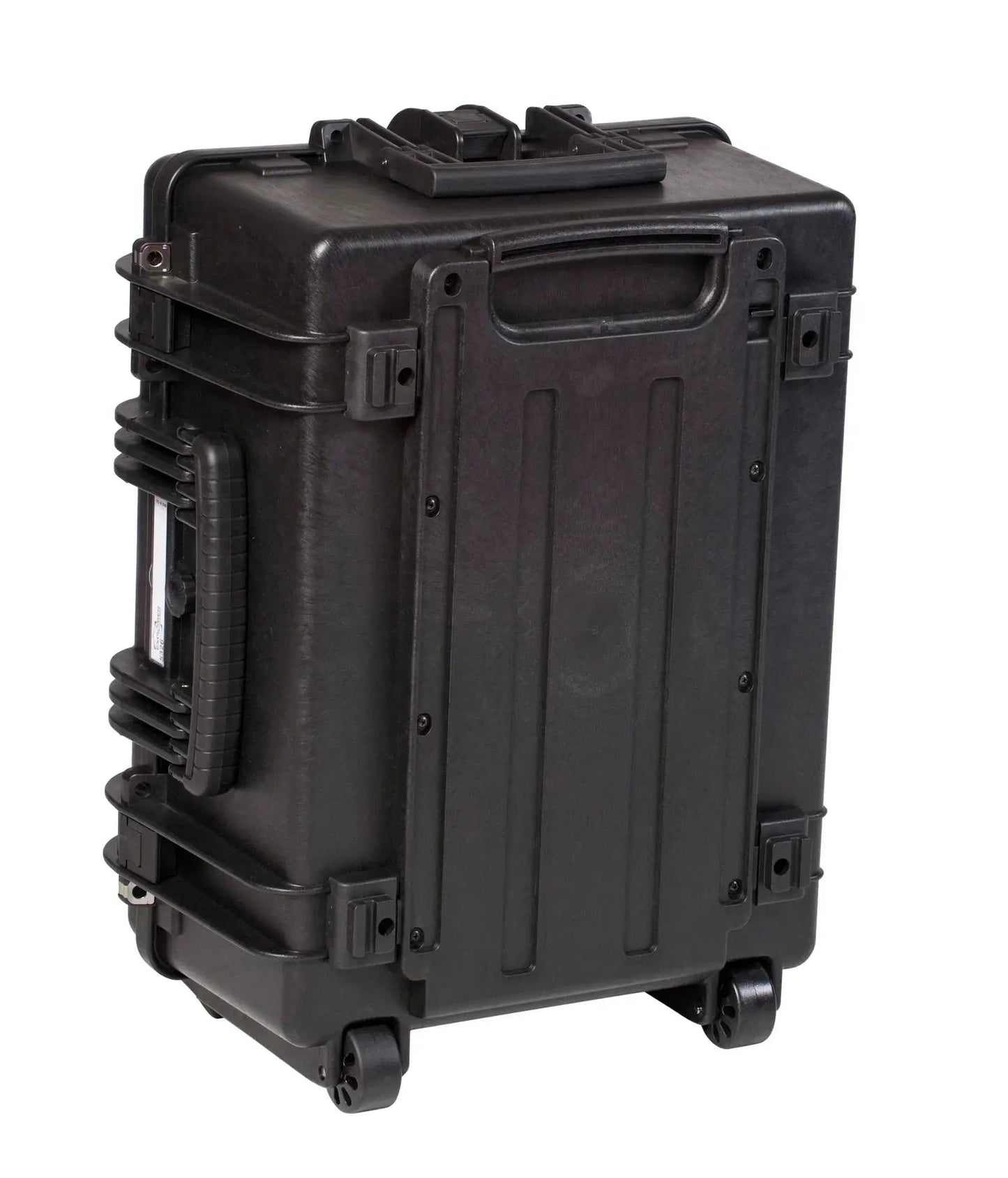 The Explorer 5326 is a black hard-shell rolling waterproof case with reinforced corners, corrosion-proof hinges, a top handle, and front latches, shown upright on its wheels.