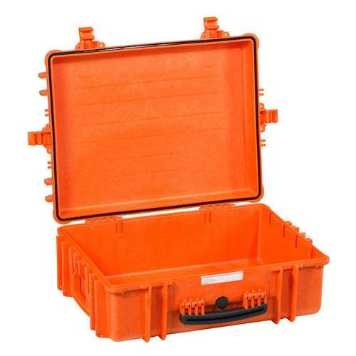 The Explorer 5822 is an open, empty orange corrosion-proof case with a handle and secure latches, designed to safeguard your gear.