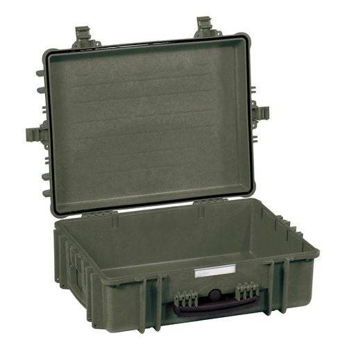 The Explorer 5822 is a durable, hard-shell olive green waterproof case, shown with its lid open to reveal an empty interior and secure latches.