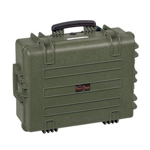 The Explorer 5822 is a sturdy olive green waterproof case with a black handle, secure latches, and a ridged exterior for durability. Its foam interior keeps sensitive gear protected.
