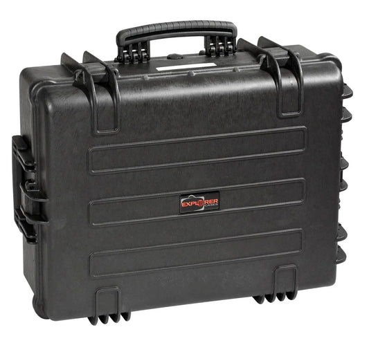 The Explorer 5822 is a black hard-shell waterproof case with a handle, secure latches, a foam interior, and "Explorer Cases" labeled on the front.